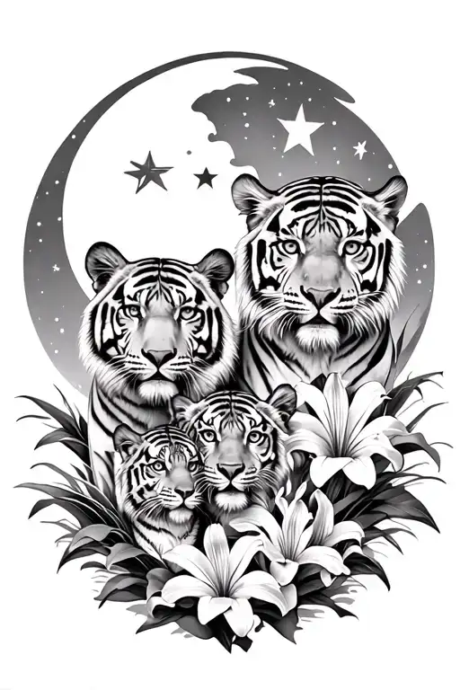 Tiger Family With 1 Adult Tiger And 2 Cubs Tiger Lilies And Moon And Stars Forming The Shape