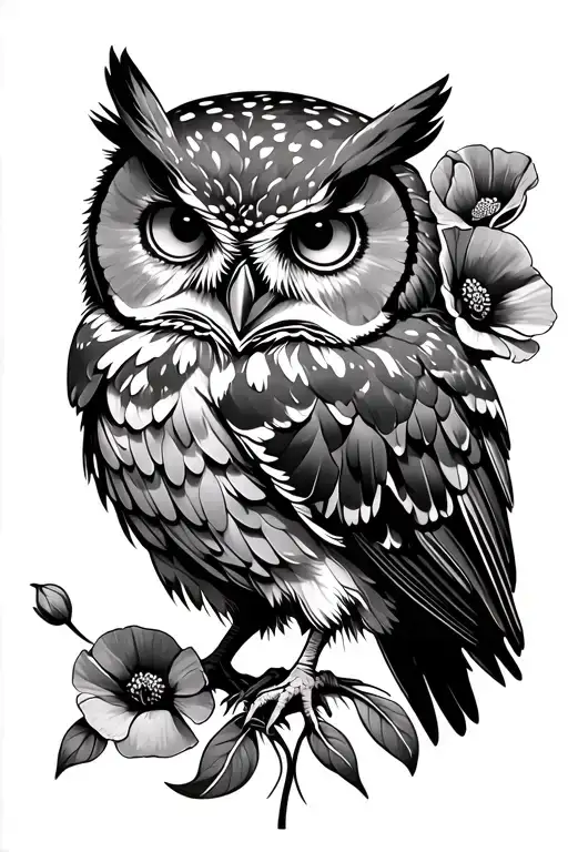 Bard Owl With Poppies Blooming