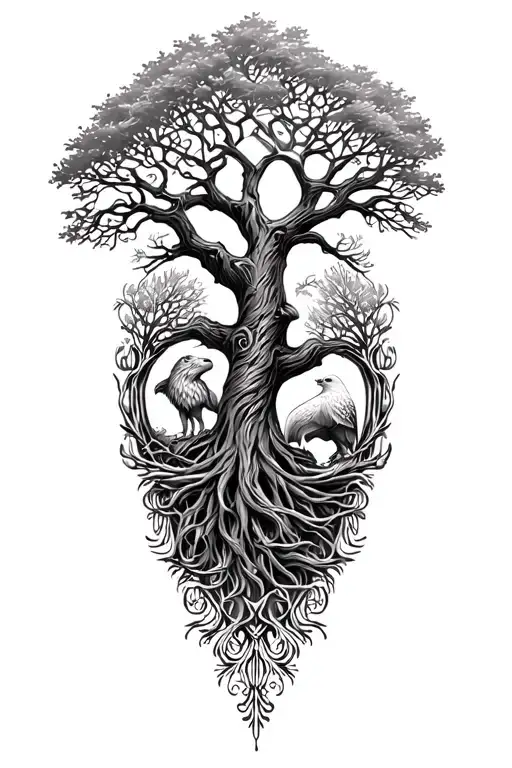 Tree Of Life Oak Tree Intertwined Traces Of Lion And Eagle