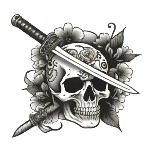 Katana Sword Piercing A Skull Surrounded By Cherry Blossoms