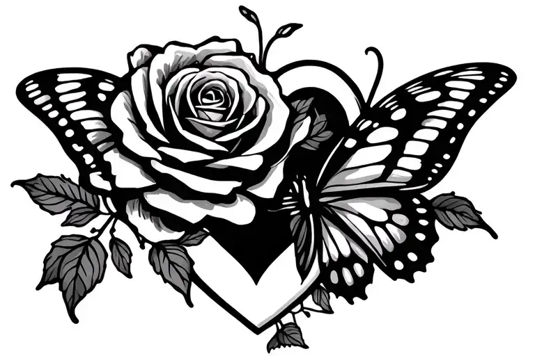 Small Heart With Rose Intertwined And Butterfly Emerging