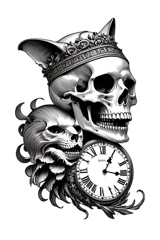 Skull With Catarina And Clock In Roman Numbers