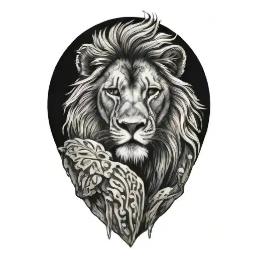 Lion Standing On A Rock Blending Into Polynesian