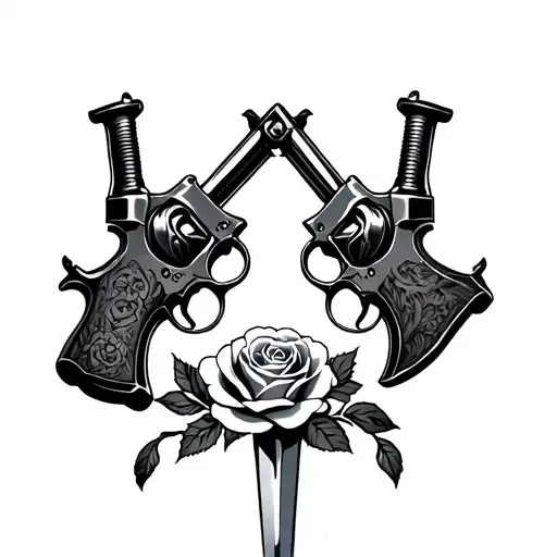 Two Flint Lock Pistols And Dagger With Roses At The Bottom