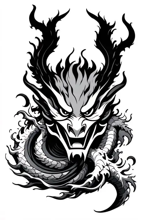 Oni Mask Surrounded By Dragon Intertwined Within Waves