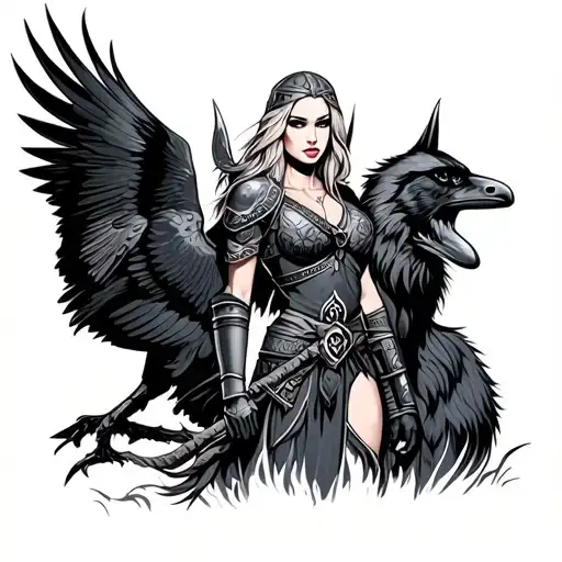 Female Viking Warrior With Raven And Wolf Surrounded