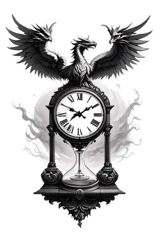 Phoenix Rising Wings Flying Opposite Dragon Wings Flying Hour Glass Clock