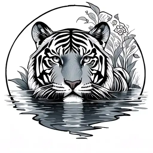 Tiger And Water With Mandala Design Black And White