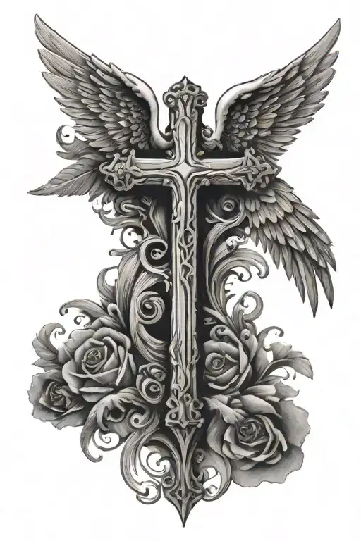A Cross With Angel Wing Attached Near The Bottom Half