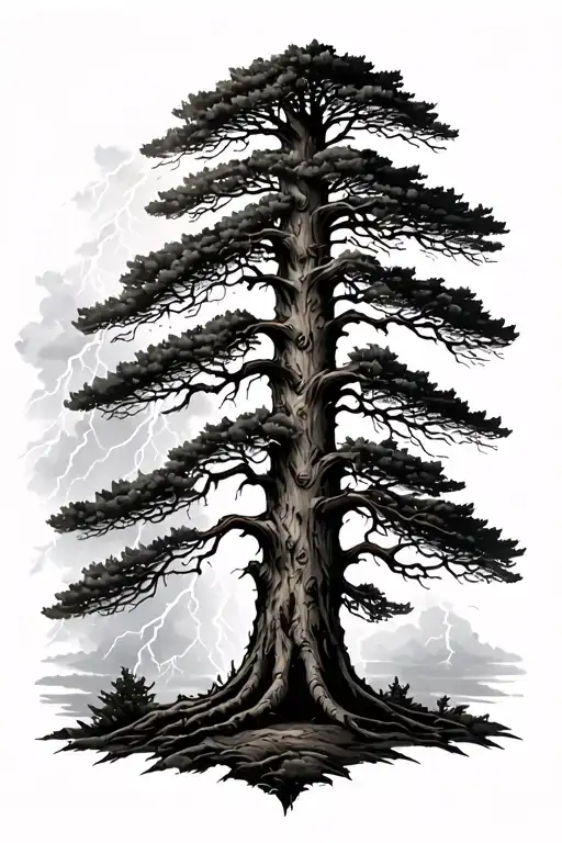 Giant Weathered Cedar Tree In A Lightning Storm