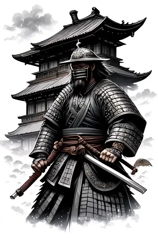 Traditional Japanese Samurai With A Building In The Background