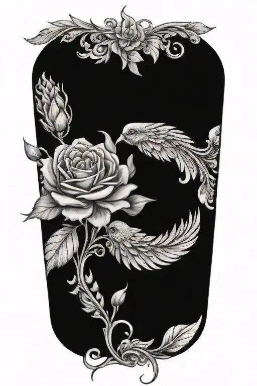 Marigolds And Roses And Ocean Waves Flowing Feathers