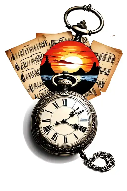 An Antique Pocket Watch Surrounded By Old Music Sheets And A Vibrant Sunset Background