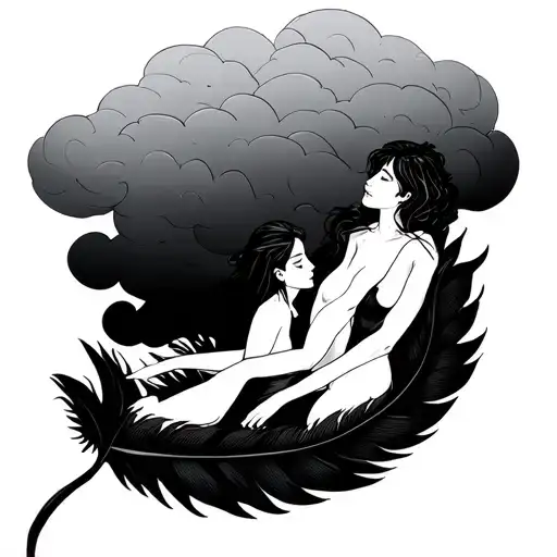 Two People Floating On A Feather With A Cloud Above Them