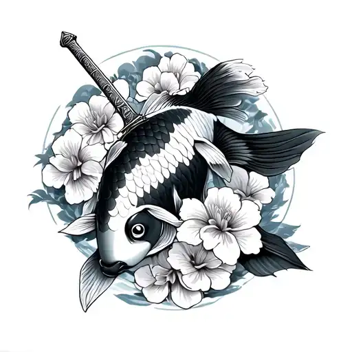 Koi With Sword And Flowers