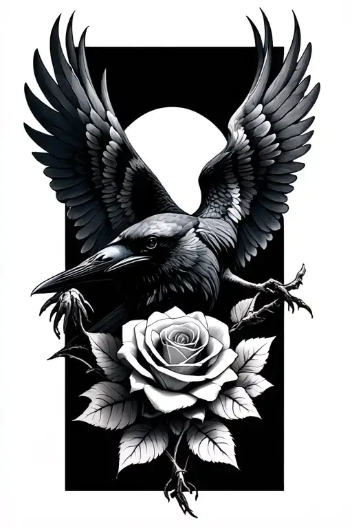 Raven With Wings Spread And Rose Intertwined