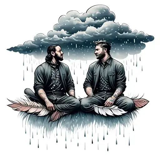 Two Adult Men Sitting On A Feather Facing The Other Way With A Cloud Above Them With Rain And Snow