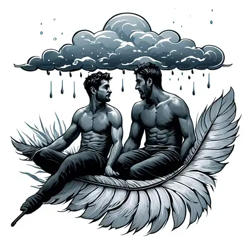 Two Adult Men Sitting On A Feather Facing The Other Way With A Cloud Above Them With Rain And Snow