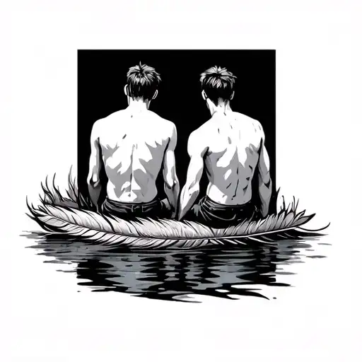 Two Adult Men Sitting On A Feather Facing The Water Watching