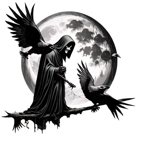 Grim Reaper In Dark Forest With Moon And Crows