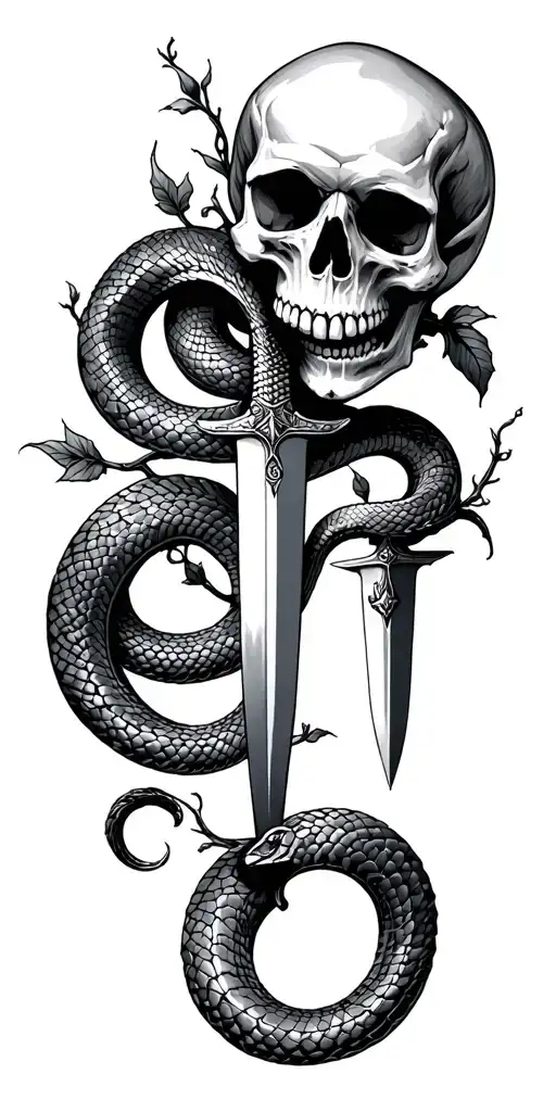 Hand Snake And Dagger With Skull And Vines