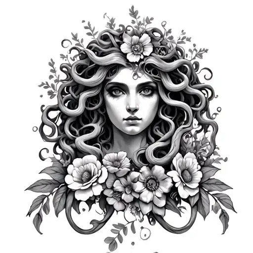 Medusa Face Surrounded Florals Thigh Piece