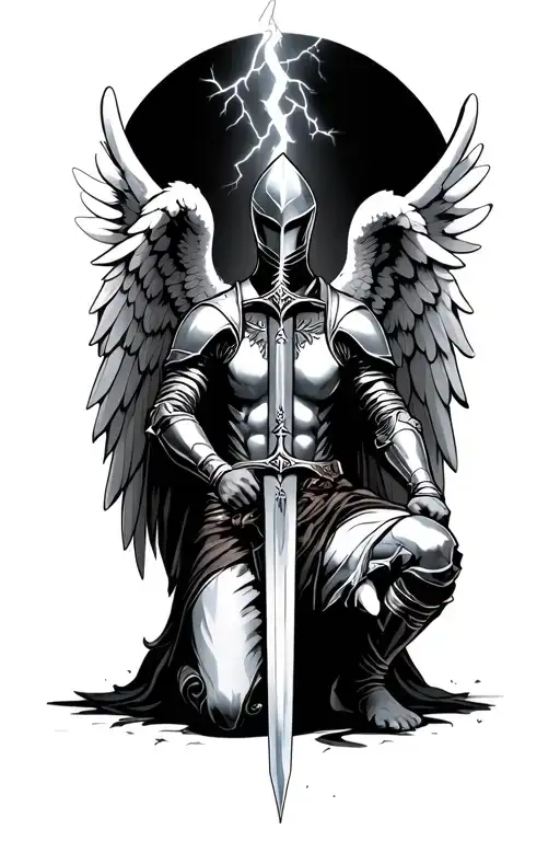 Knight Kneeling With Sword And Angel Wings Lightning