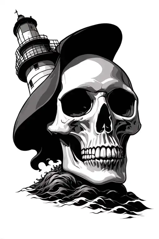 Big Lighthouse Skull Small Lonely Woman