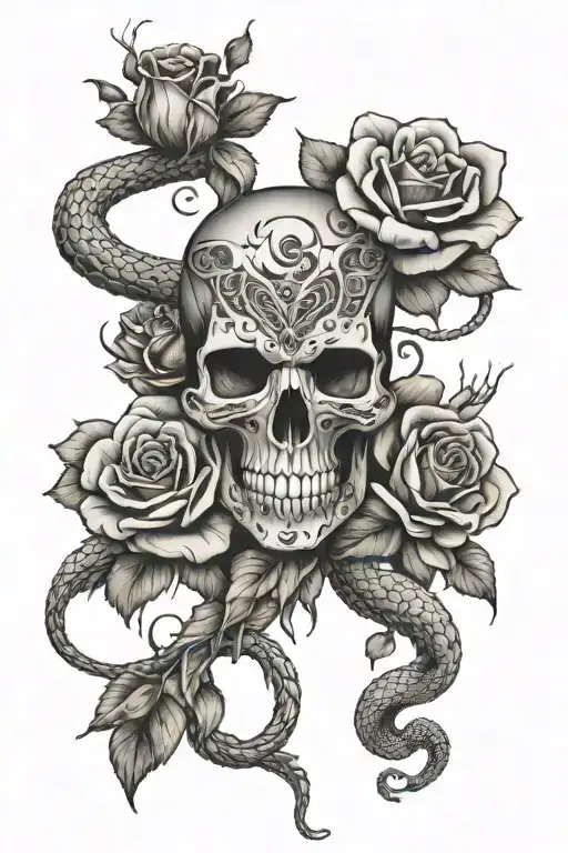 Snake Skull And Rosses Surrounding A Back
