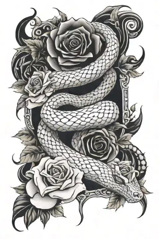 Snake And Rosses Surrounding A Back