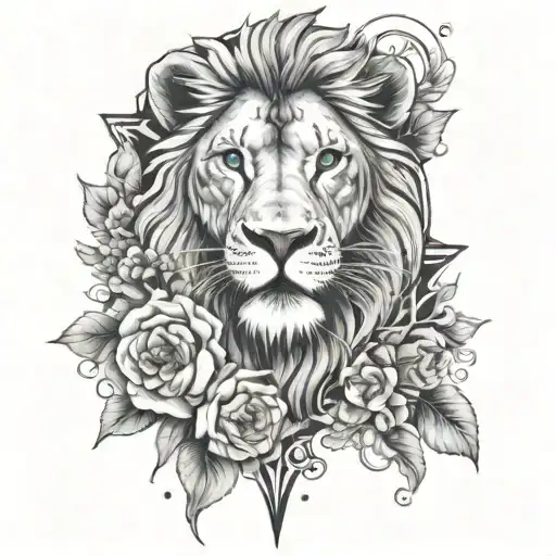 Cross With A Lion Inside Of It With Blue Eyes And Flowers Around It