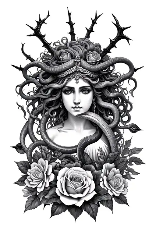 Roses With Thorns And Goddess Medusa With Snakes And Many Flowers