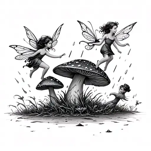 A Line Drawing Of Fairies Escaping The Rain Under A Toadstool