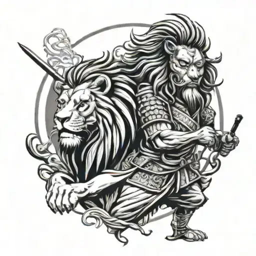 A Lion And Samurai Facing Off In A Traditional Japanese Setting