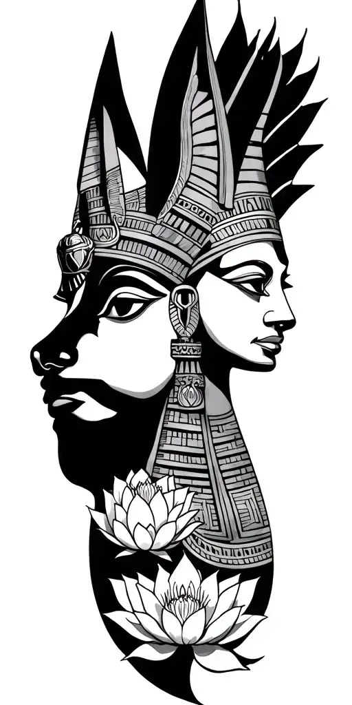 Create Tattoo Sekhmet Maat With Anubis Black And Grey Sleeve With Lotuses And Scarabs