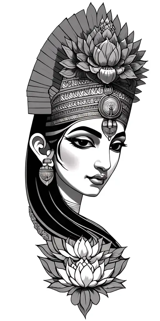 Sekhmet Maat Goddess And Grey Sleeve With Lotuses And Scarabs