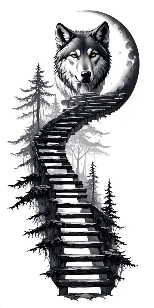 Sun And Moon With Lone Wolf Winding Stairs And Forest