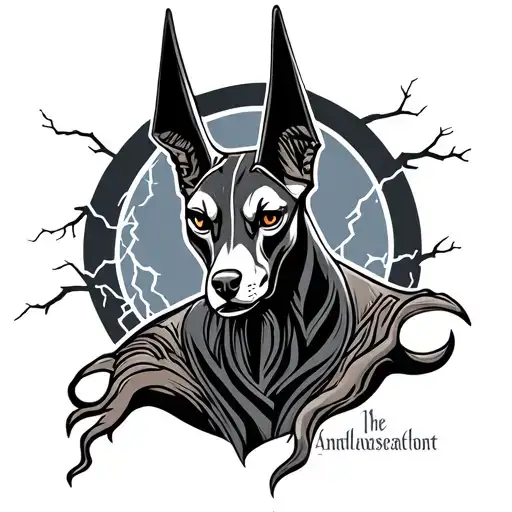 Anubis As A Tame Dog And The Master Death Against The Background Of Lightning Or Tree Branches
