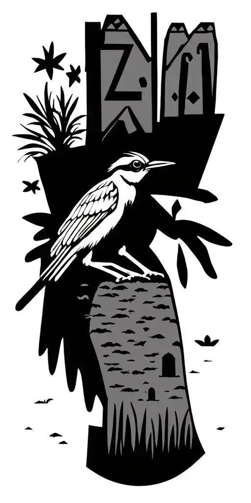 New Mexico Zia Symbol With South West Desert Theme To Include Roadrunner And Adobe Building