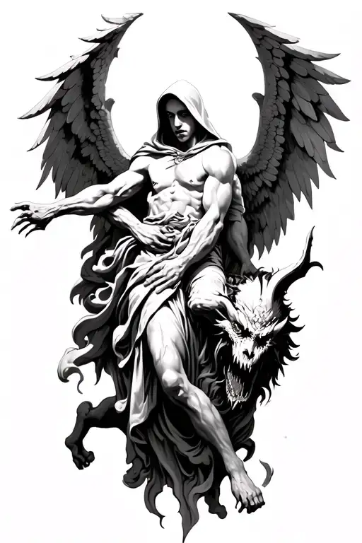 Hooded Arch Angel Defeating A Demon