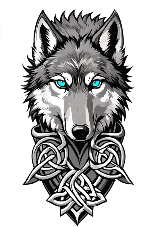 Wolf With Blue Eyes On Armor Tattoo Design Featuring Celtic Trinity Knot