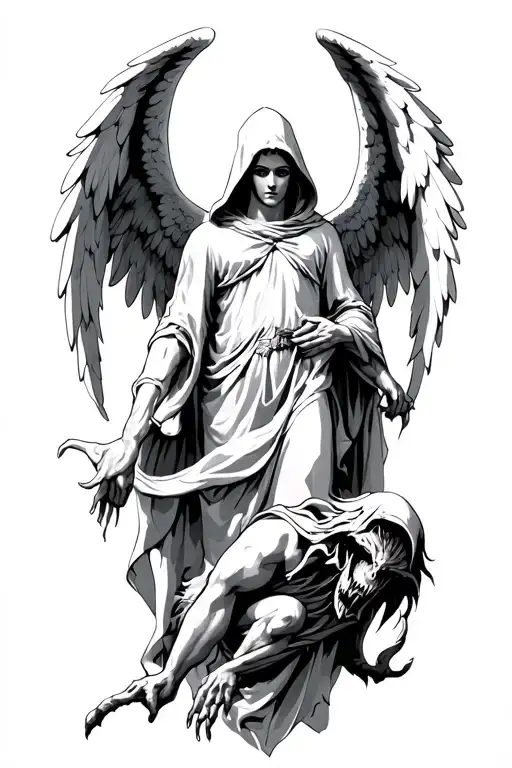 Hooded Arch Angel Defeating A Demon
