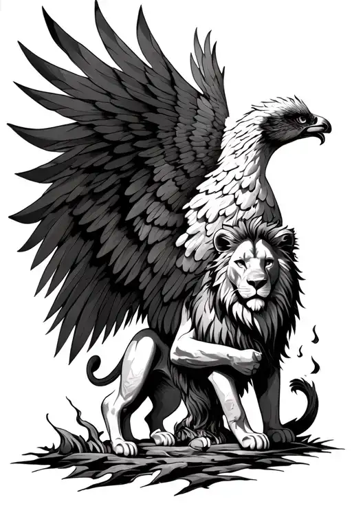 Phoenix Rising From The Ashes Holding A Lion