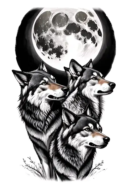 Family Of Six Wolves Howling At The Moon