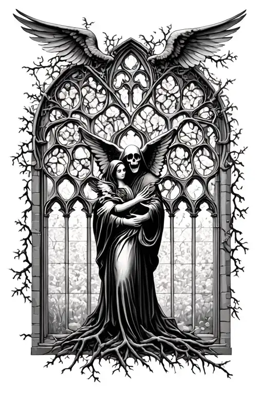 Gothic Cathedral Window View Of A Family Tree And Vines And Grim Reaper Embracing Angel