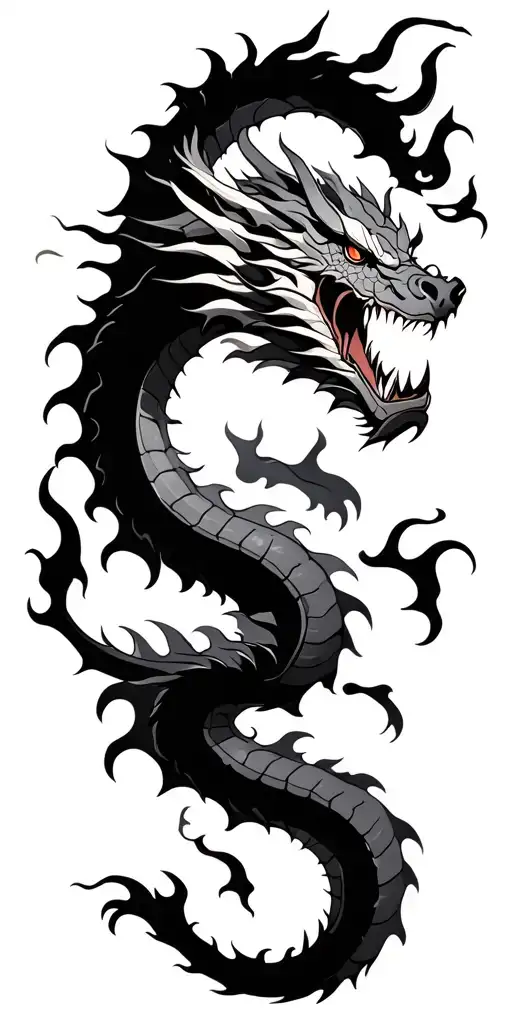 Dragon And Samurai With Black Flames