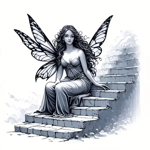 Fairy Sitting On Stairs Going Into Heaven