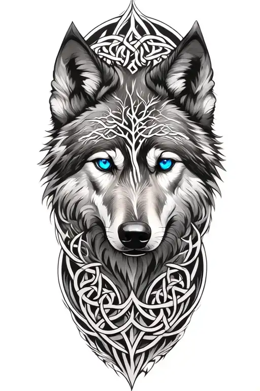 Wolf With Blue Eyes Featuring Celtic Tree Of Life