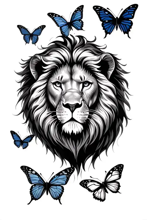 Lion Head Surrounded By Butterflies