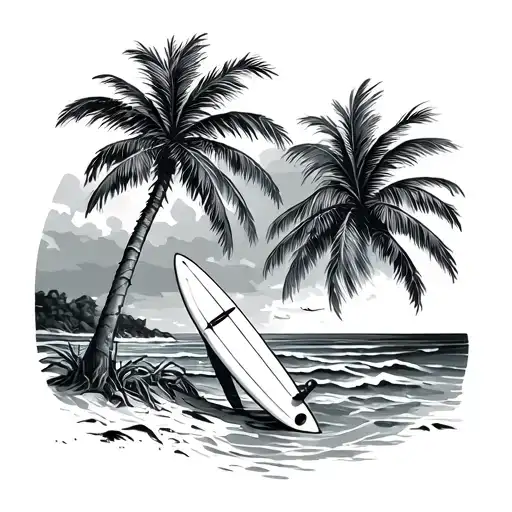 Ocean Scene To A Beach That Has A Palm Tree With A Surf Board Leaning Against It